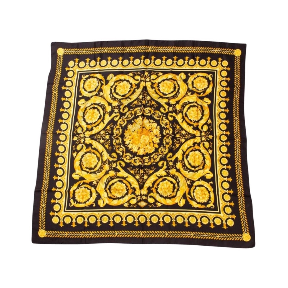 Vintage Versace Barocco Baroque Black and Gold Silk Scarf